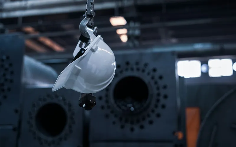A hard hat hanging in an industrial factory, ready for a site visit